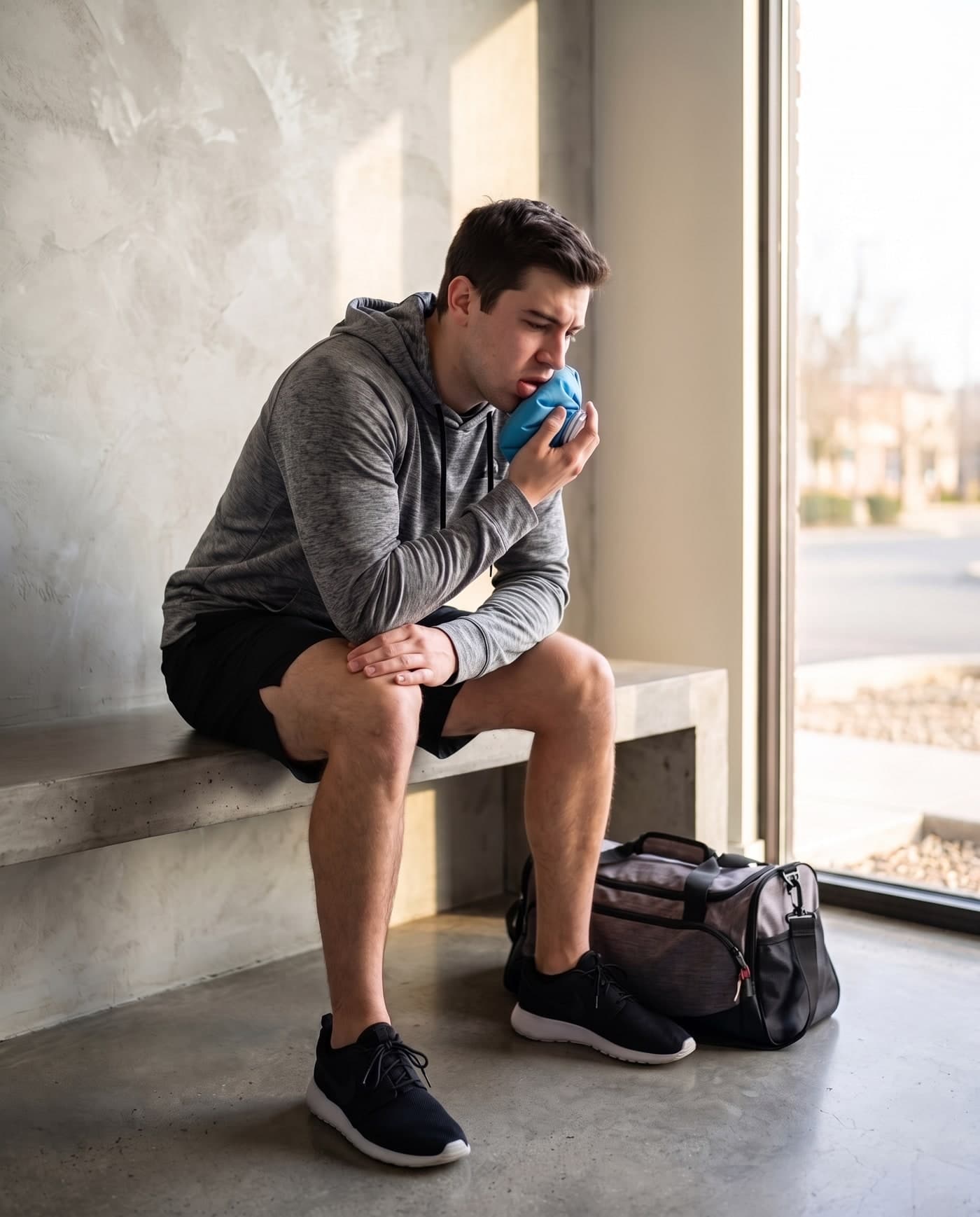 An athlete holding a cold compress after a sports injury