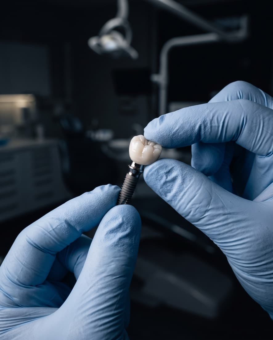 A dental implant held in gloved hands